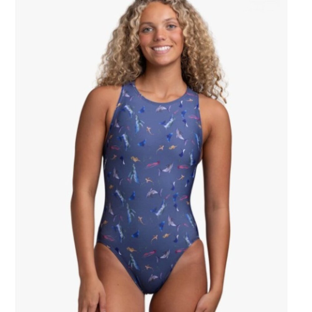 Jolyn Clothing Navy Blue One-Piece Swimsuit with Multicolor Fish Print